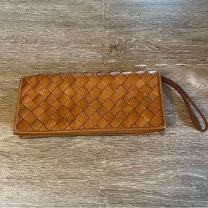Wilsons woven leather clutch lattice design magnetic closure Italian leather